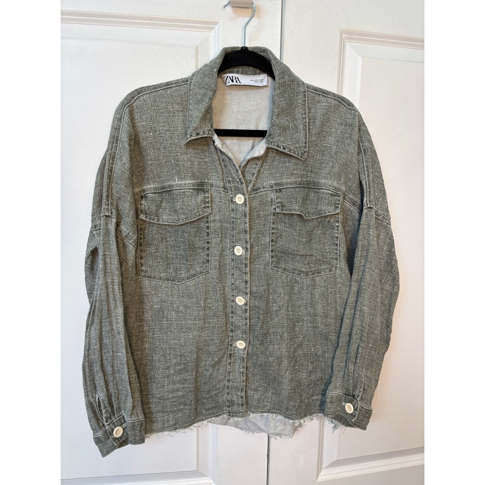 Zara 100% Linen Olive Green Button Down Shirt Raw Hem Oversized Small